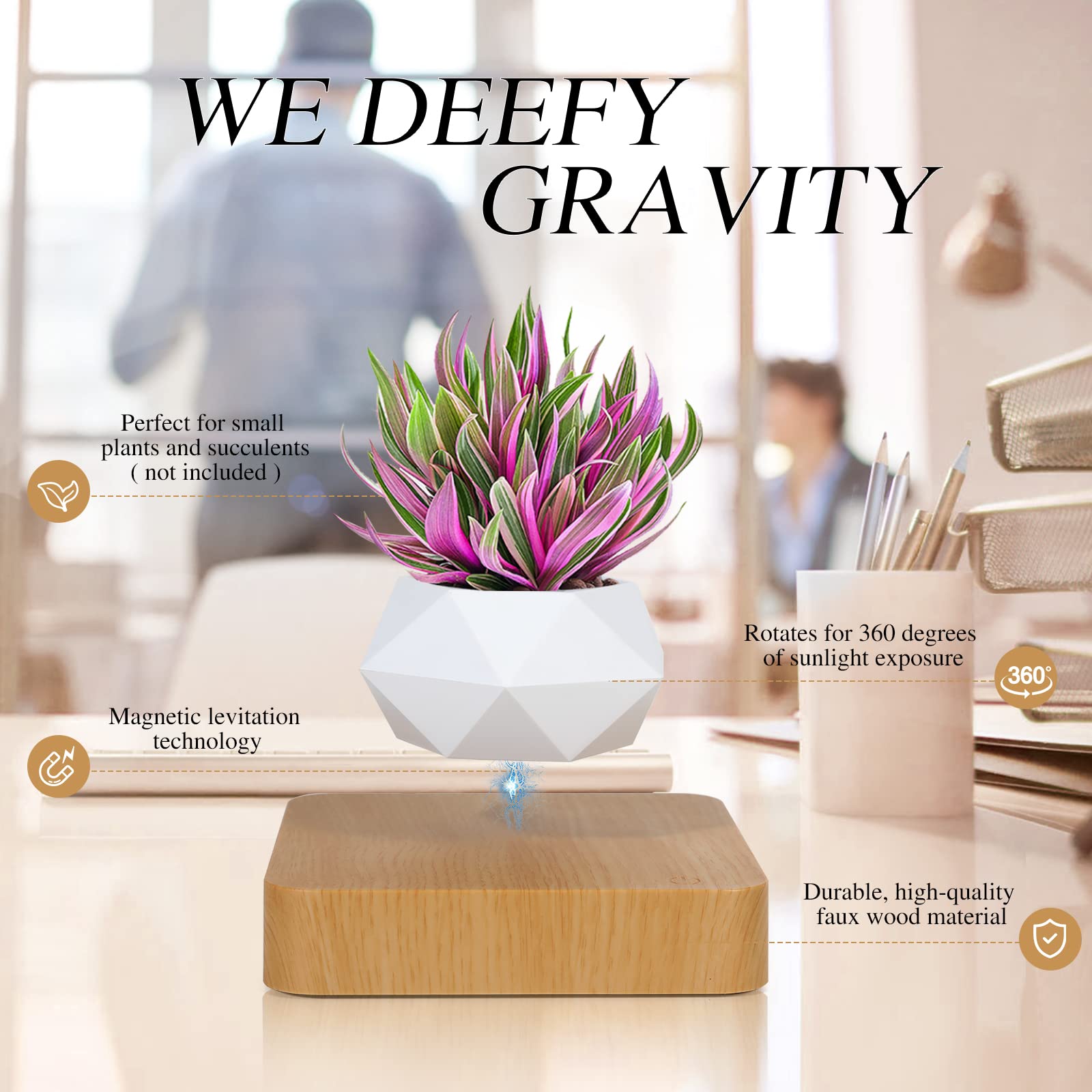 Babook in use on desk with succulent demonstrating calming rotating display benefit