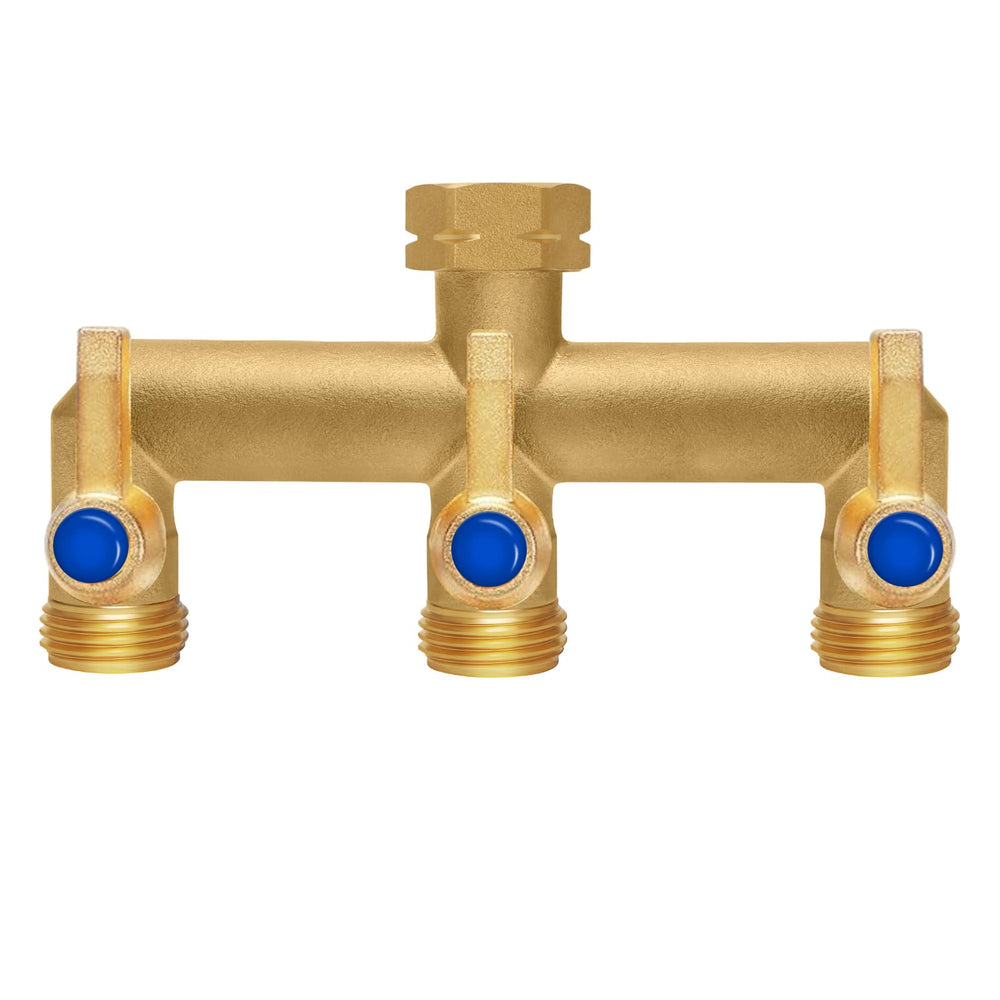 BACASIN front view of brass splitter showing sturdy build and three outlets
