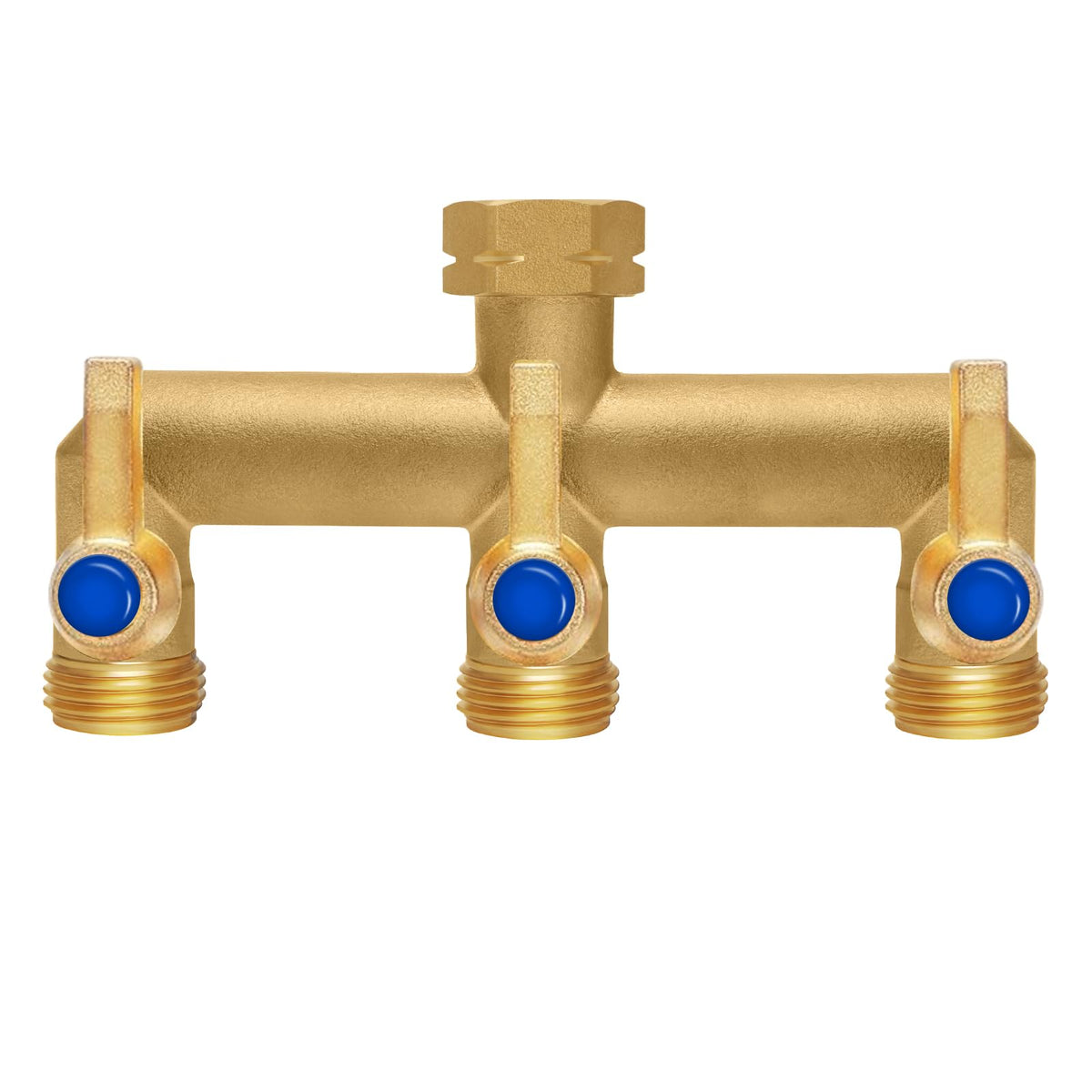 BACASIN front view of brass splitter showing sturdy build and three outlets