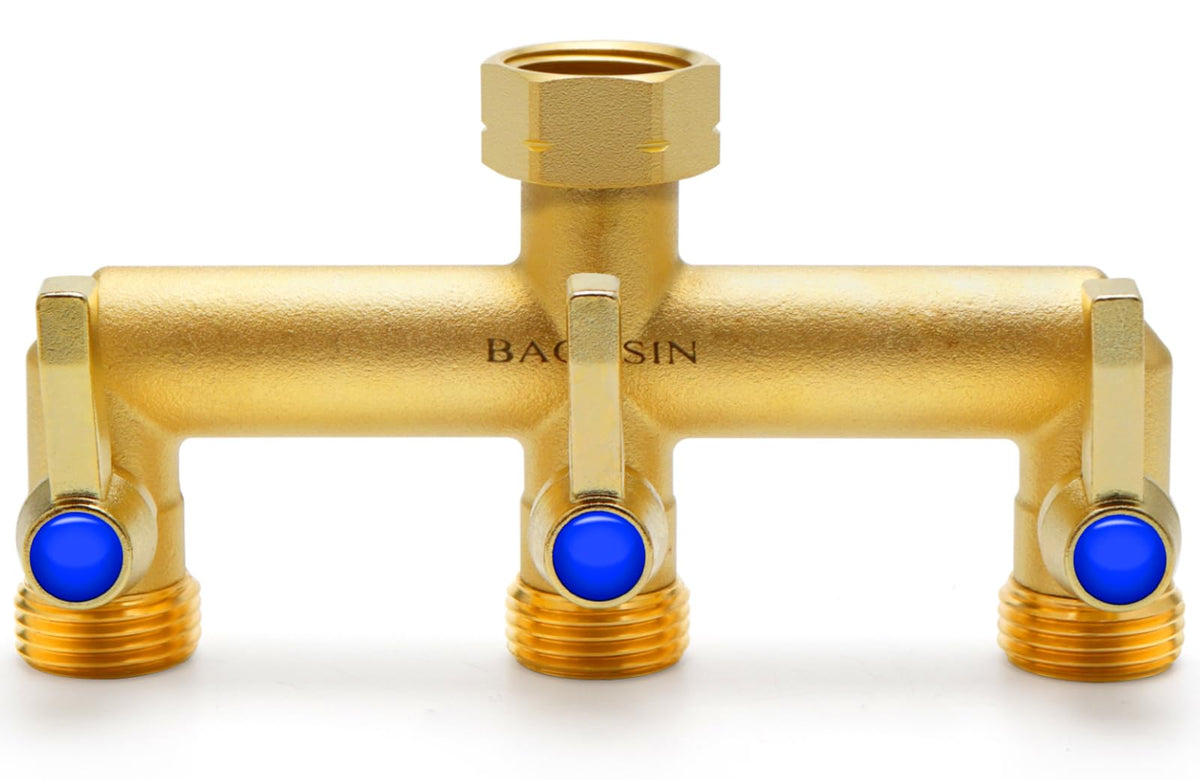 BACASIN brass splitter front view showing three-way control and durable build benefit