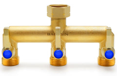 BACASIN brass splitter front view showing three-way control and durable build benefit