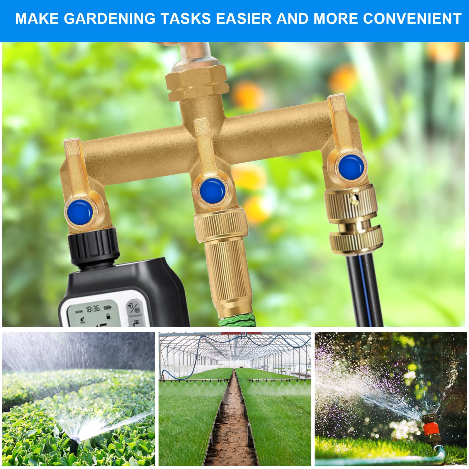 BACASIN splitter attached to faucet supplying multiple garden tools