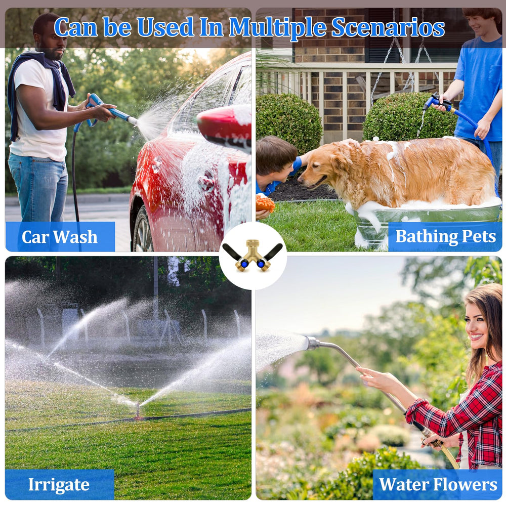 BACASIN splitter connected to sprinkler and hose demonstrating simultaneous watering benefit