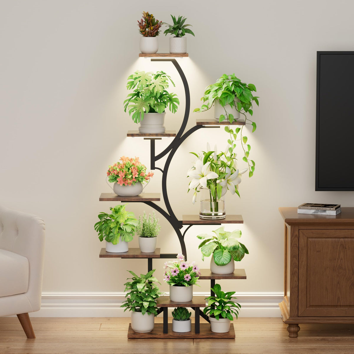 BACEKOLL front view corner plant stand showcasing space-saving display