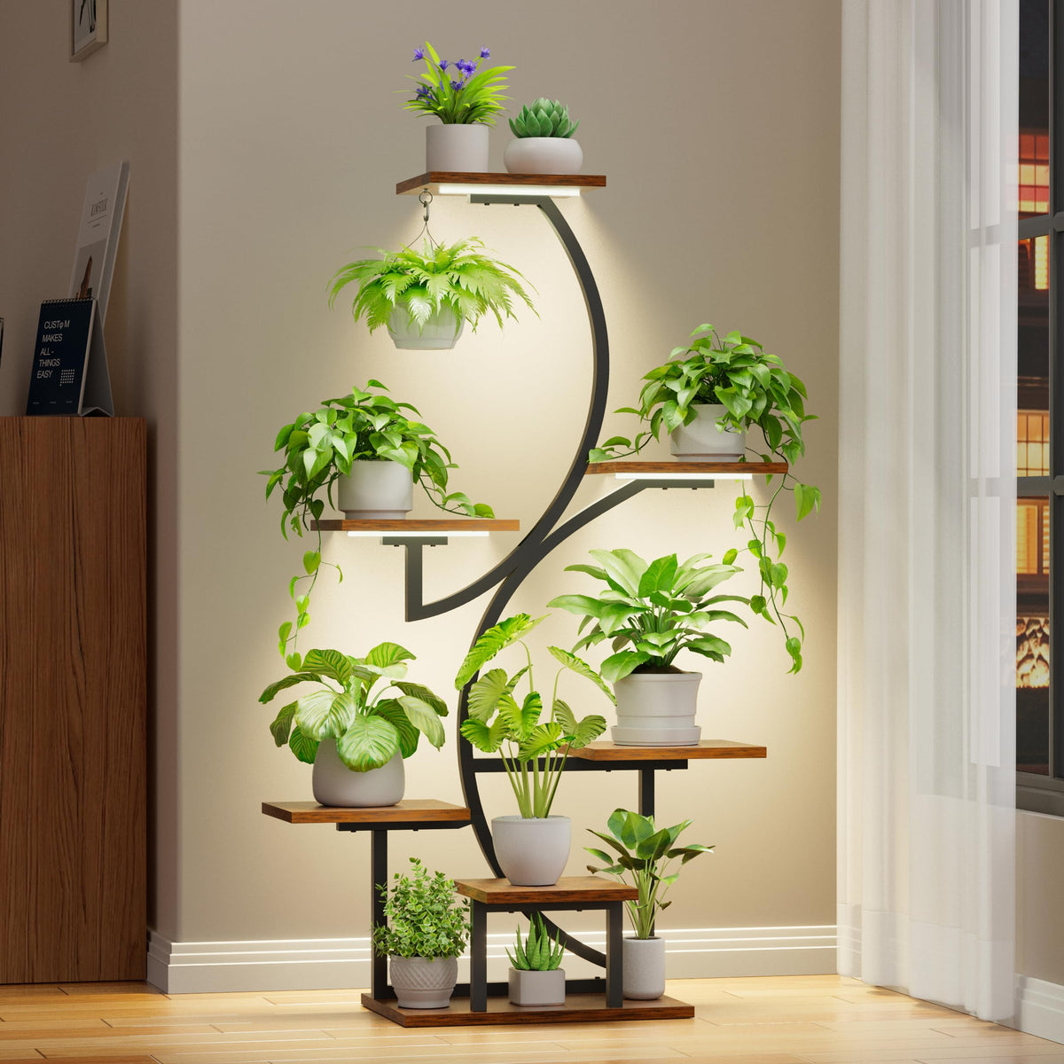 BACEKOLL front view corner shelf showing seven tiers and space-saving benefit
