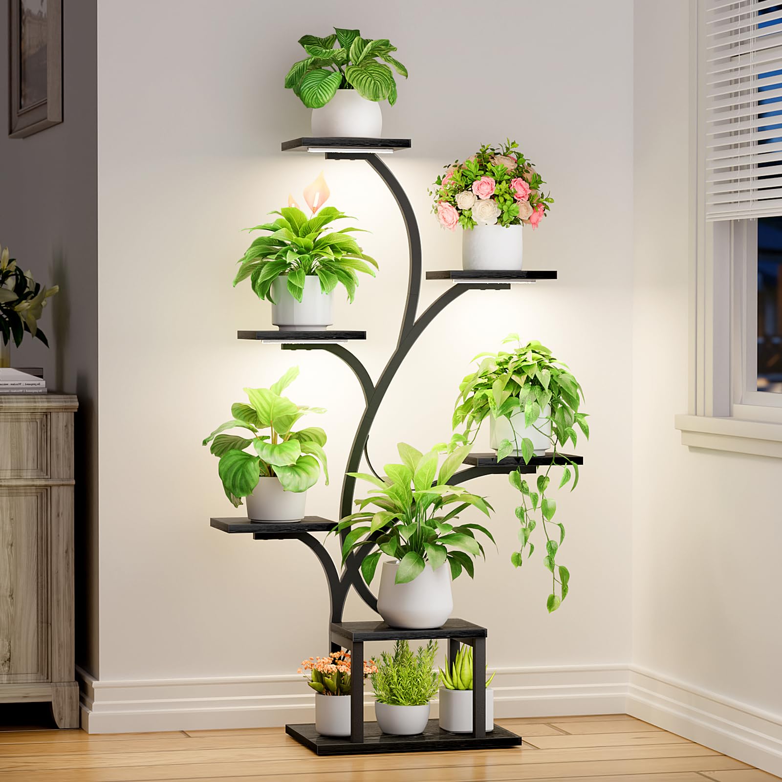 BACEKOLL front view of lighted plant stand showing organized greenery and stability