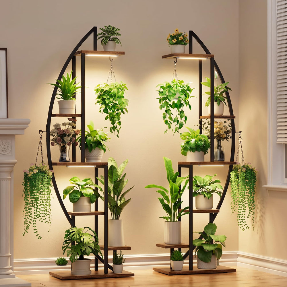 BACEKOLL front view of two-pack tall plant stands showing six tiers and curved half-moon shape for space-saving display