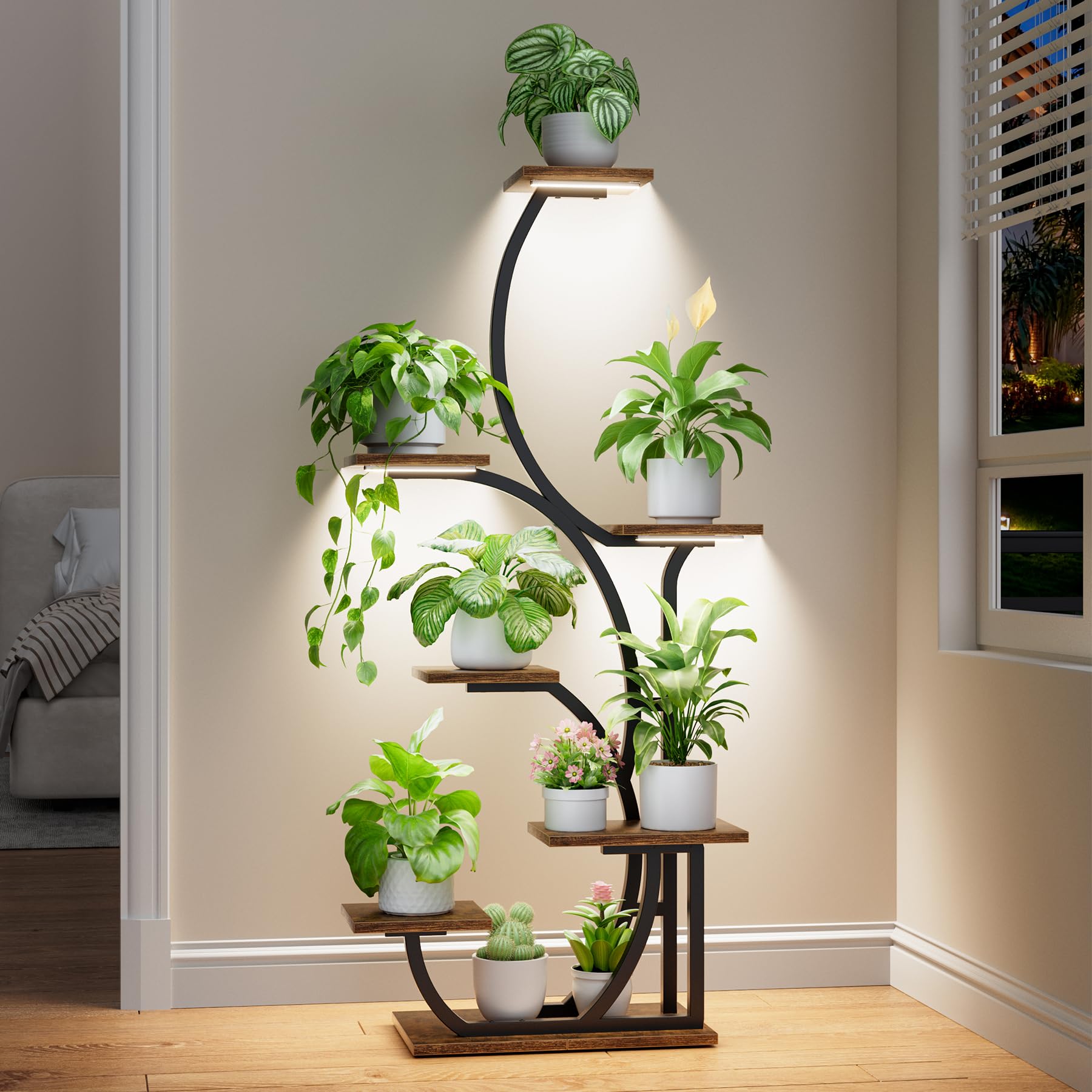 BACEKOLL front view of 7-tier lighted plant stand showing organized display benefit
