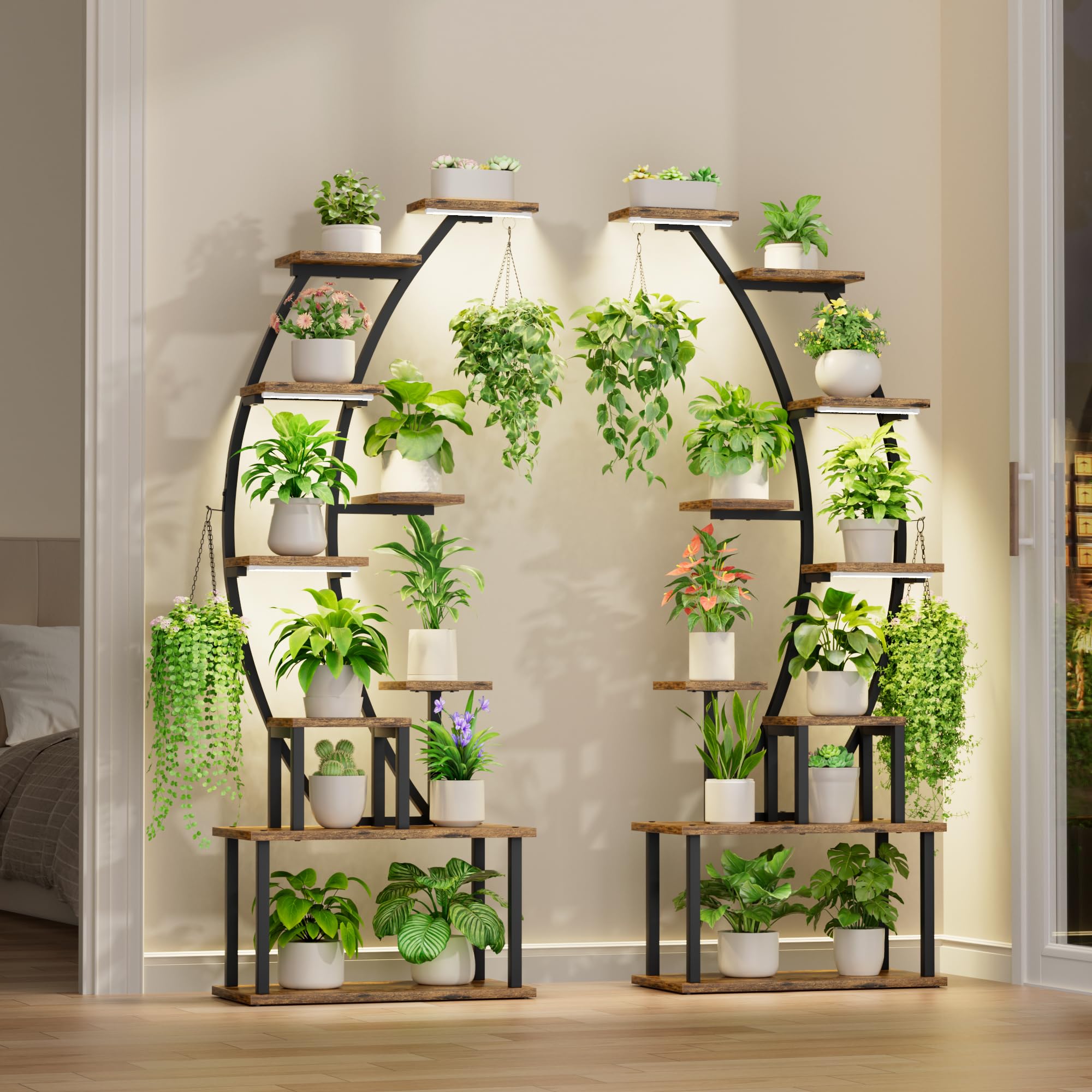 BACEKOLL plant stand styled in living room with potted plants, creates vertical garden focal point