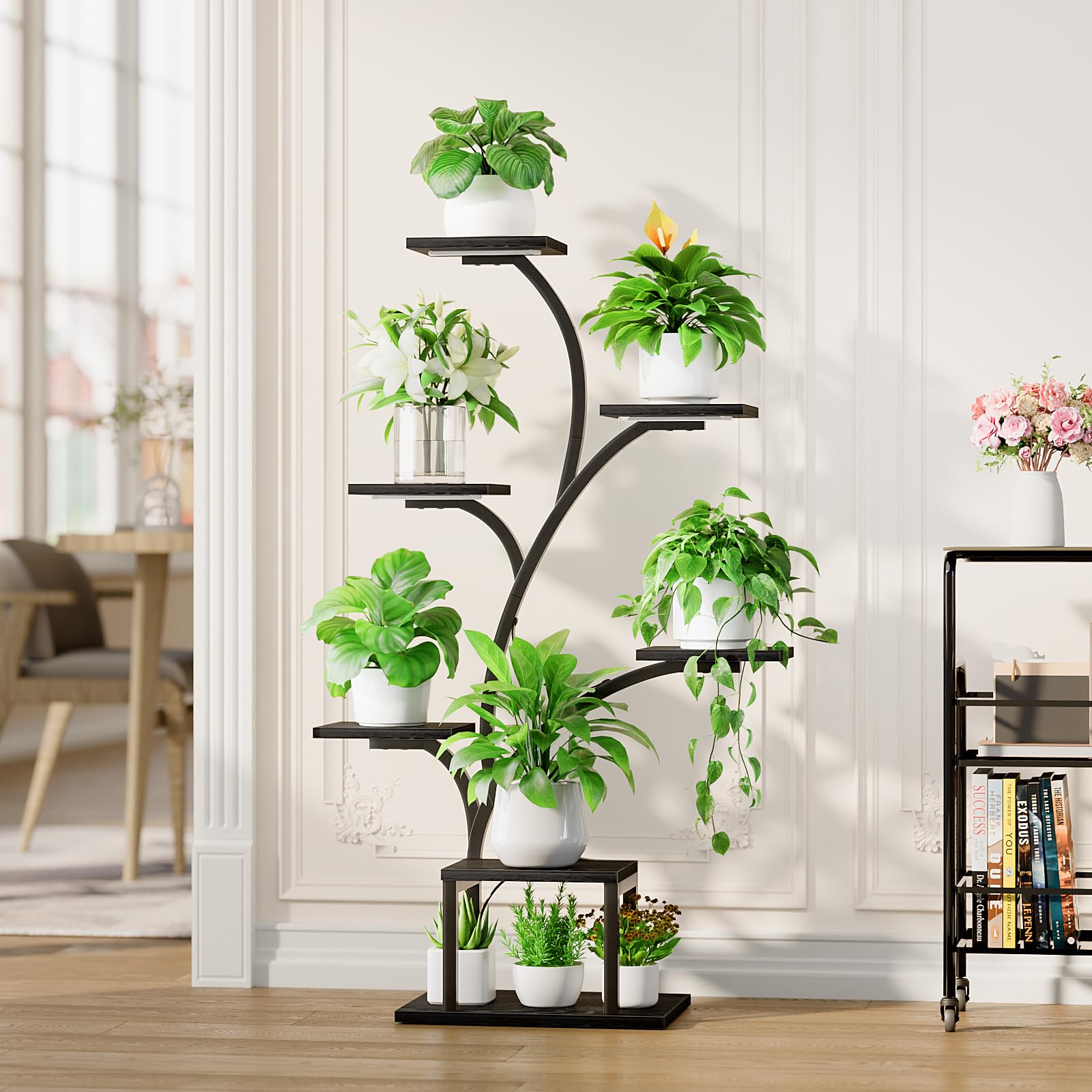 BACEKOLL plant stand beside person to show 49-inch scale and easy room fit