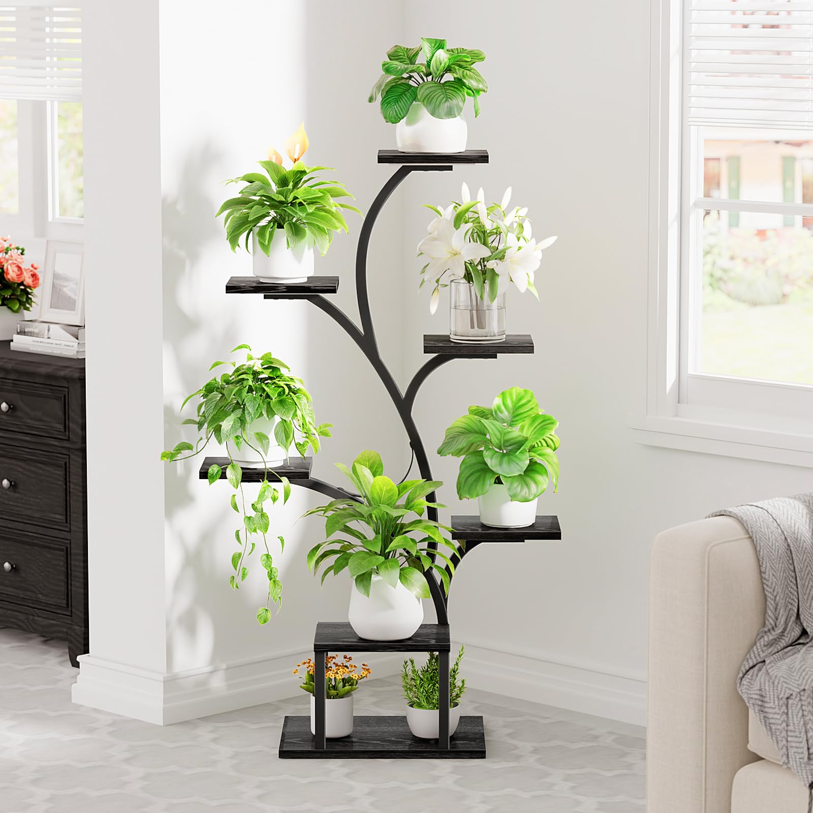 BACEKOLL seven-tier shelf loaded with potted plants showing versatile arrangement benefit