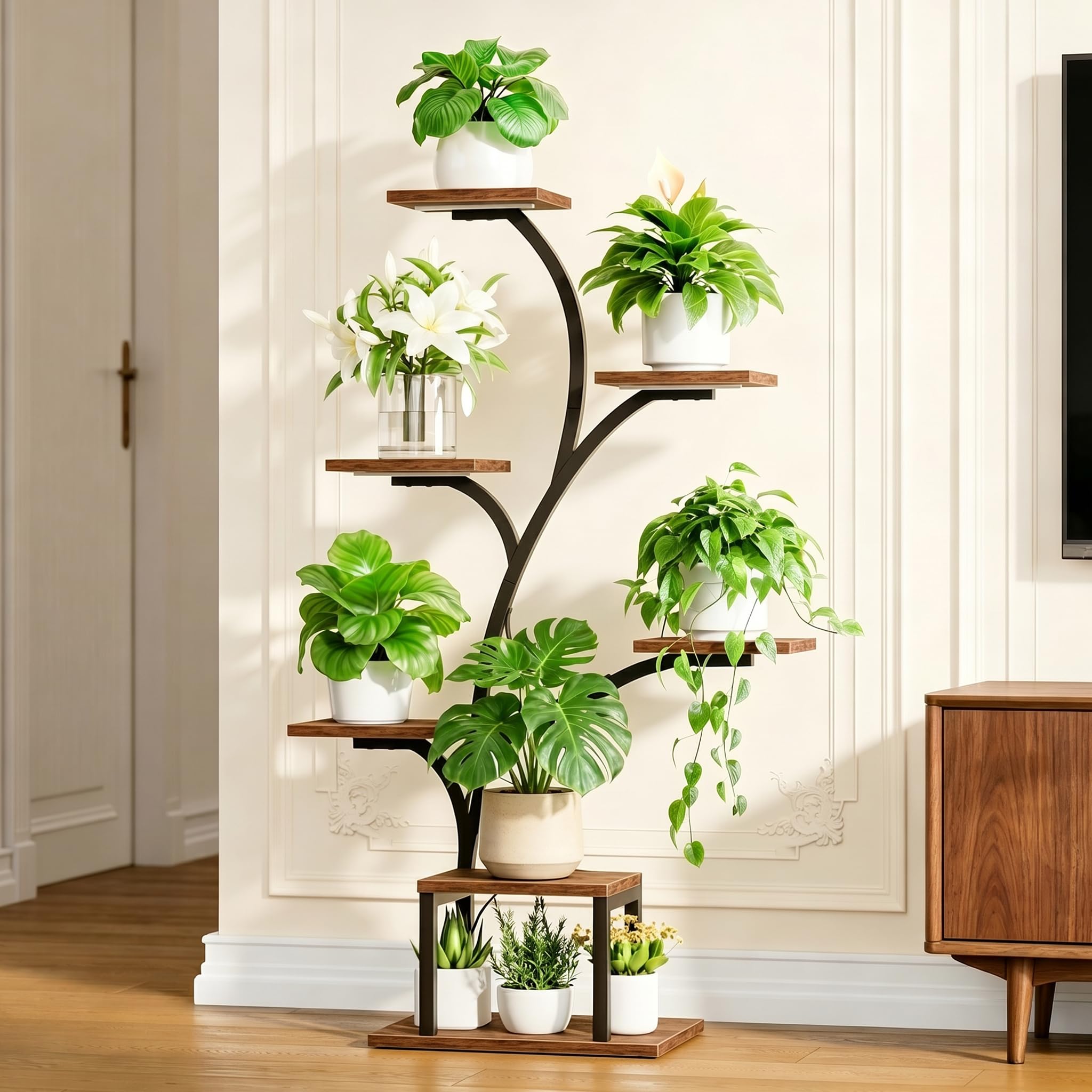BACEKOLL stand placed in corner living room saving floor space and brightening decor