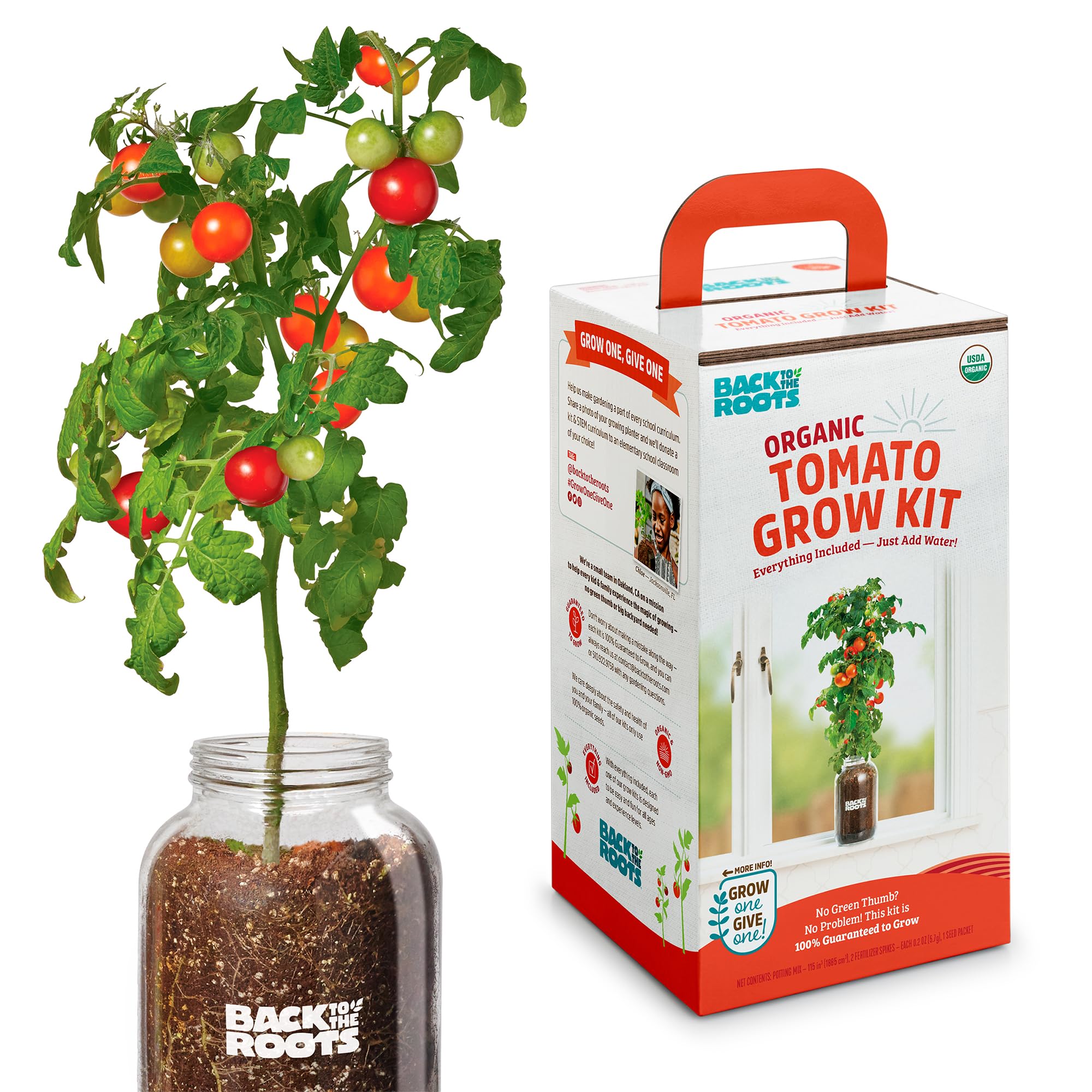 Back to the Roots front packaging showing complete cherry tomato kit and benefits