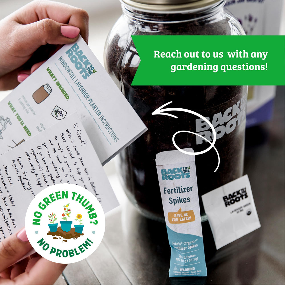 Back to the Roots product label and instructions close-up showing easy setup