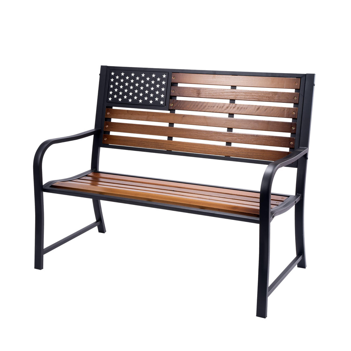 Backyard Expressions bench front view with American flag backrest, durable outdoor seating