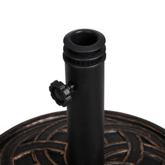 Backyard Expressions umbrella base in use on deck with umbrella, secures shade