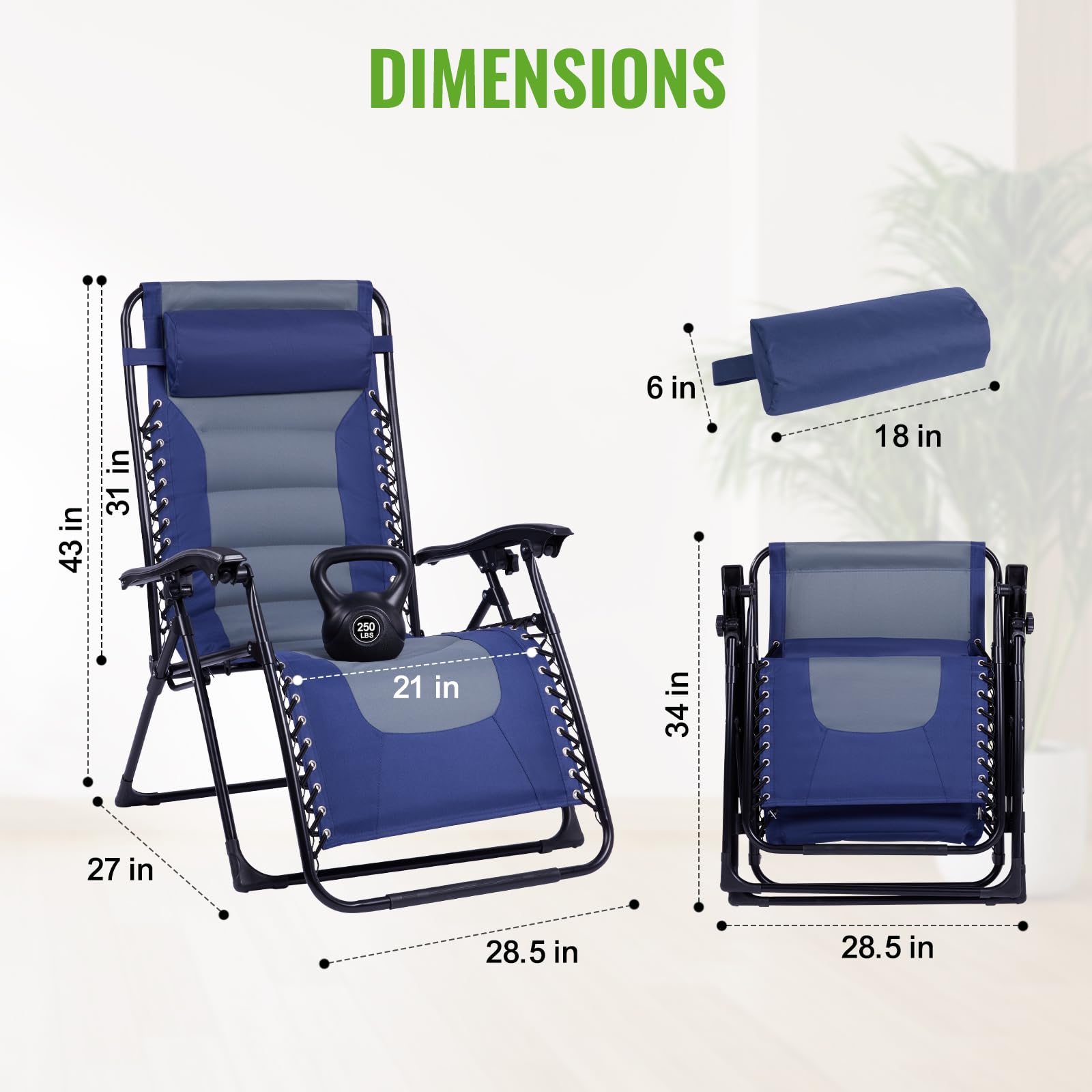 Backyard Expressions side profile of recliner demonstrating zero-gravity angle and sturdy frame, stable support