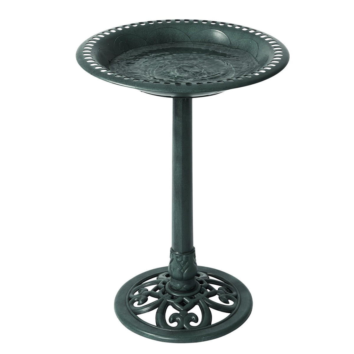 Backyard Expressions front view of green bird bath showing elegant shape and durable finish, enhances garden