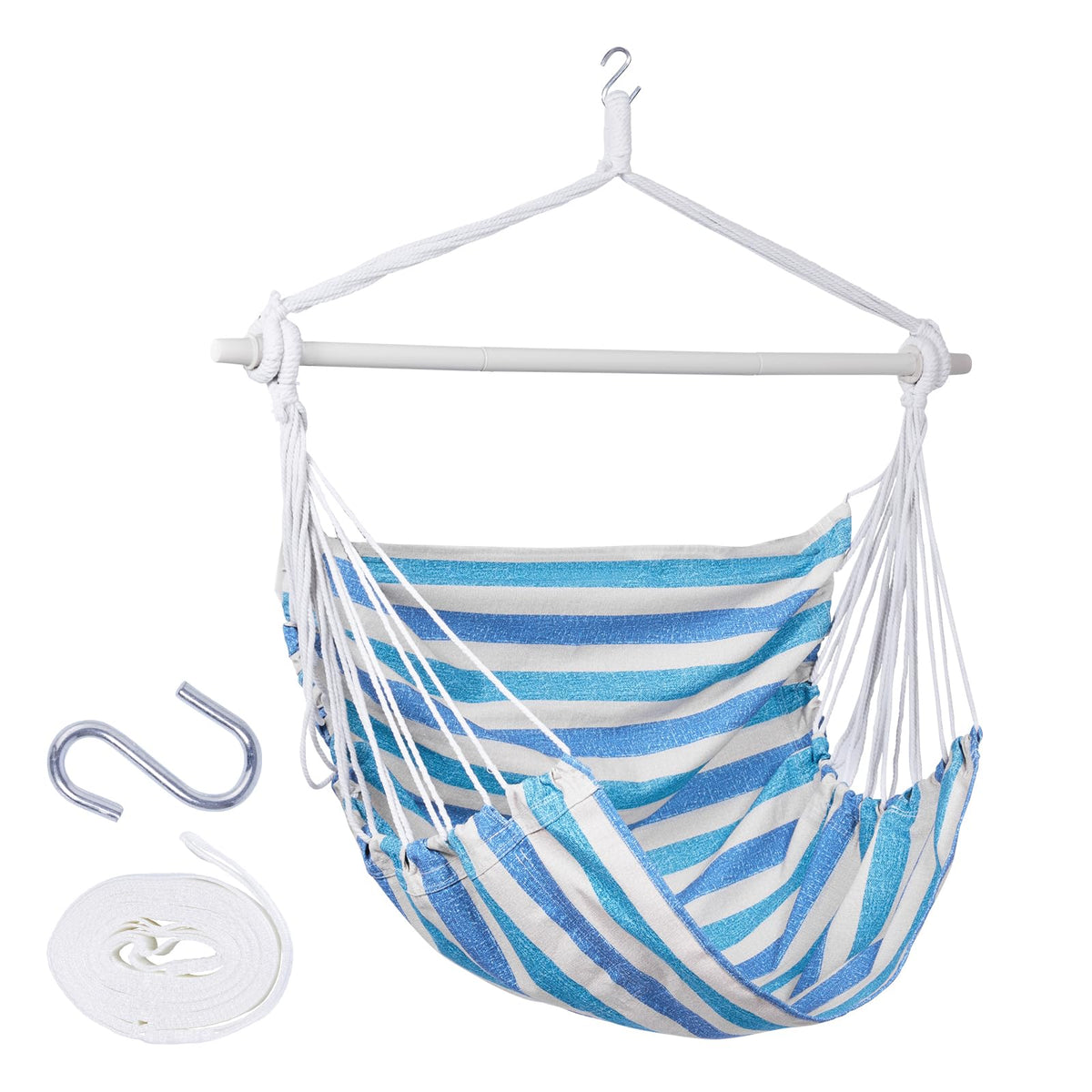 Backyard Expressions front view striped hammock chair showing whole seat and hanging setup for comfort
