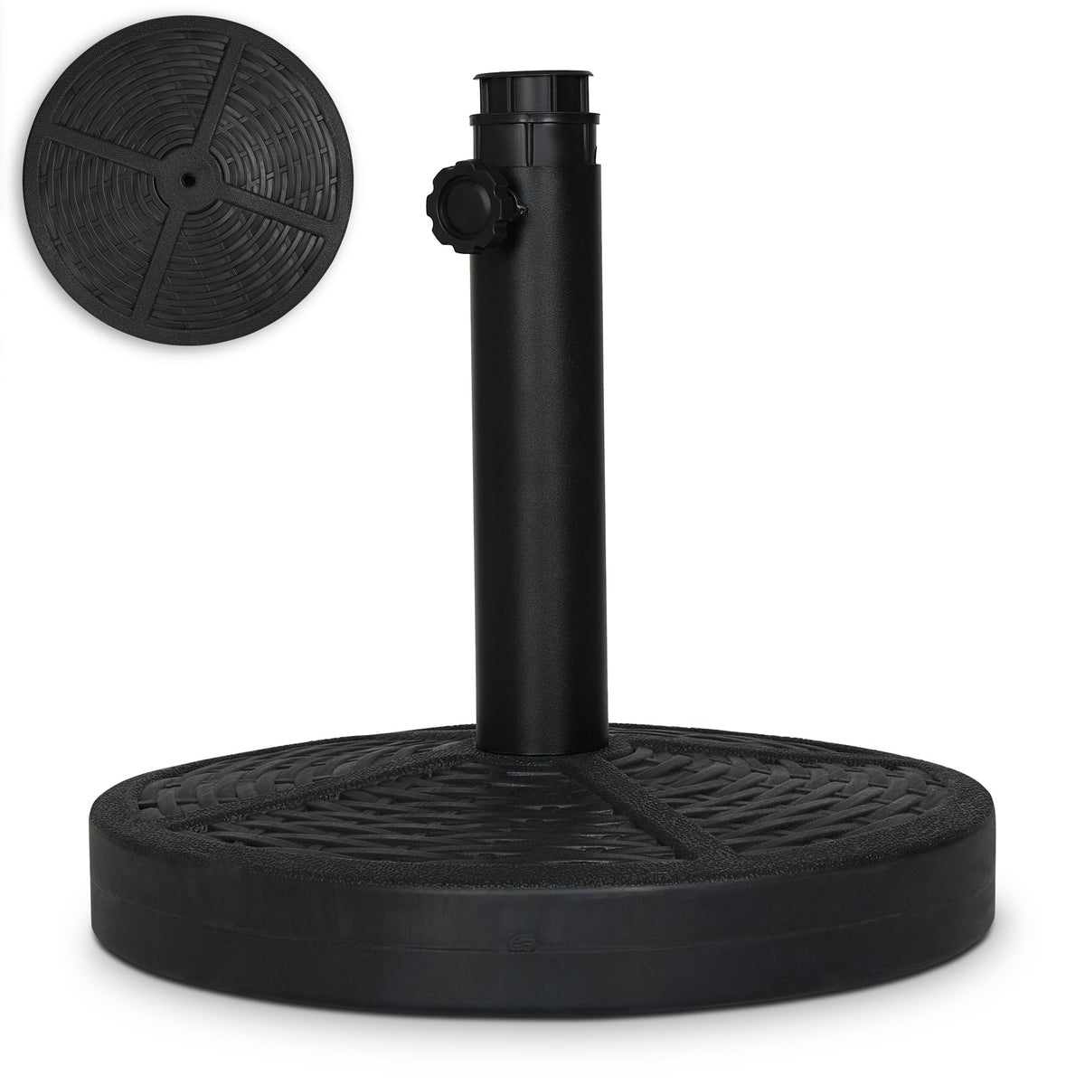 Backyard Expressions front view of umbrella base showing stable design and weight