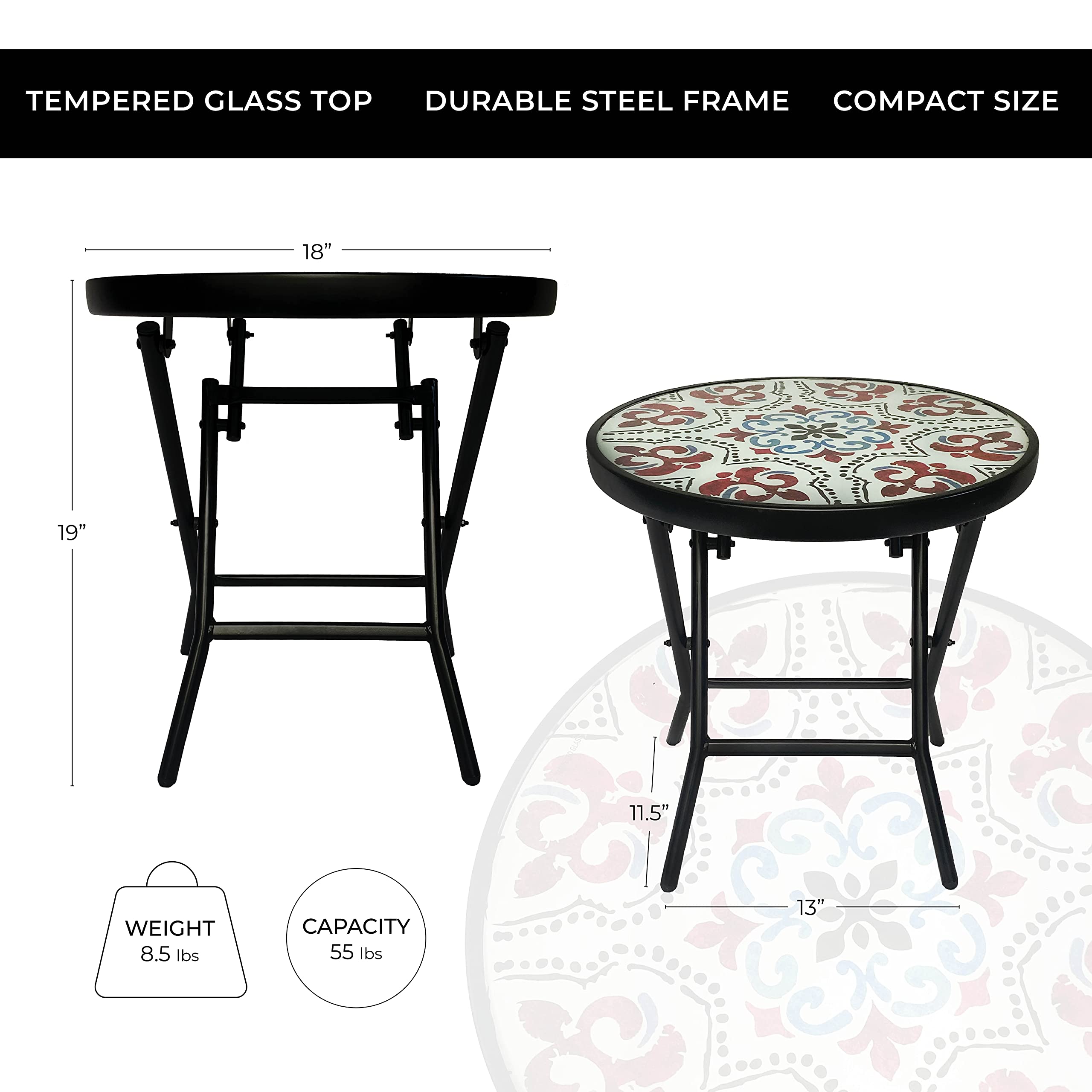Backyard Expressions folding patio side table in use on deck next to chair, compact convenient surface
