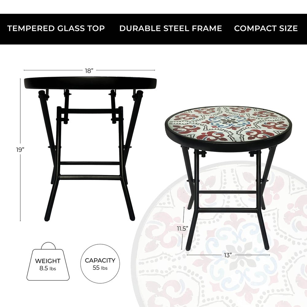 Backyard Expressions folding patio side table in use on deck next to chair, compact convenient surface