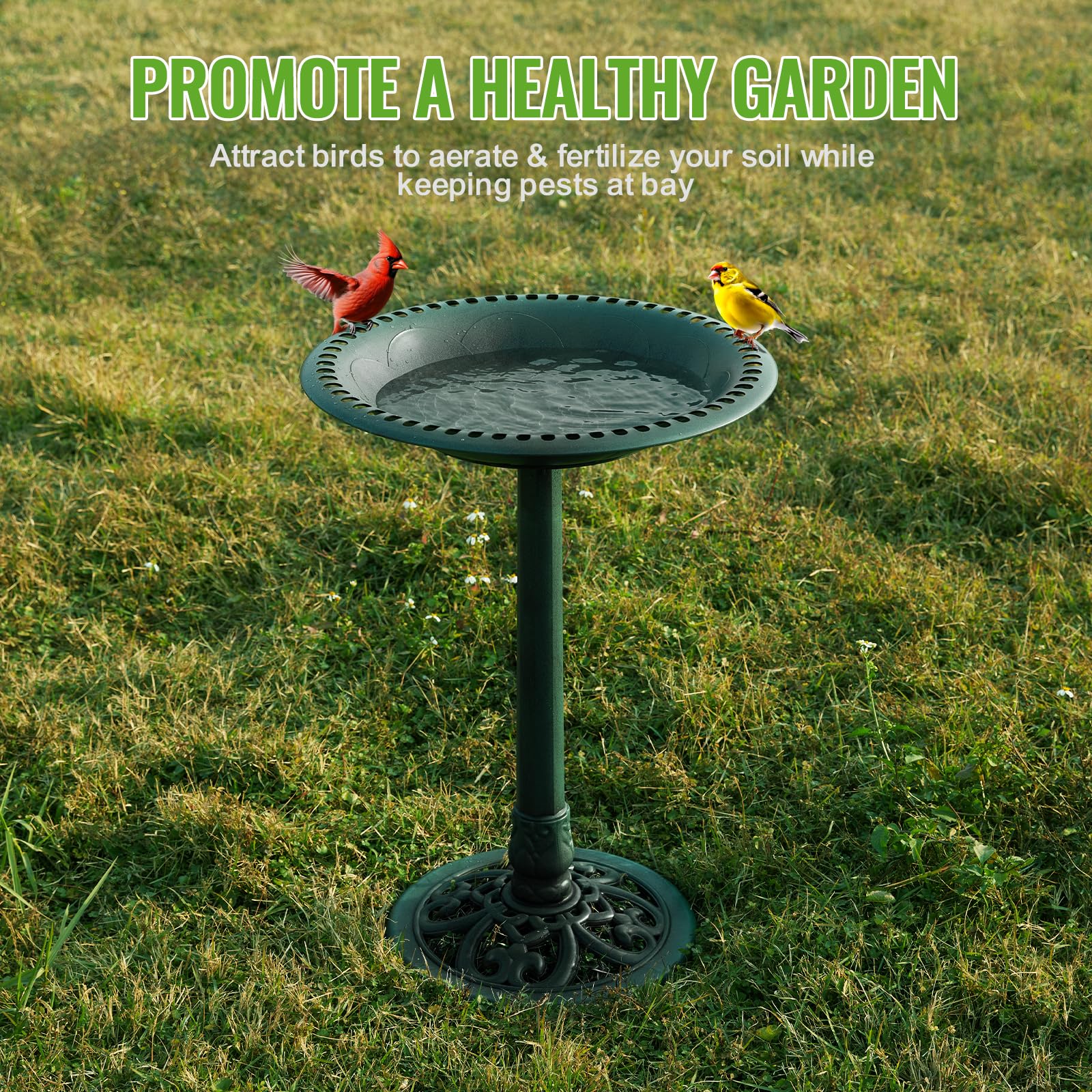 Backyard Expressions bird bath in garden setting attracting birds and adding tranquil focal point to landscape