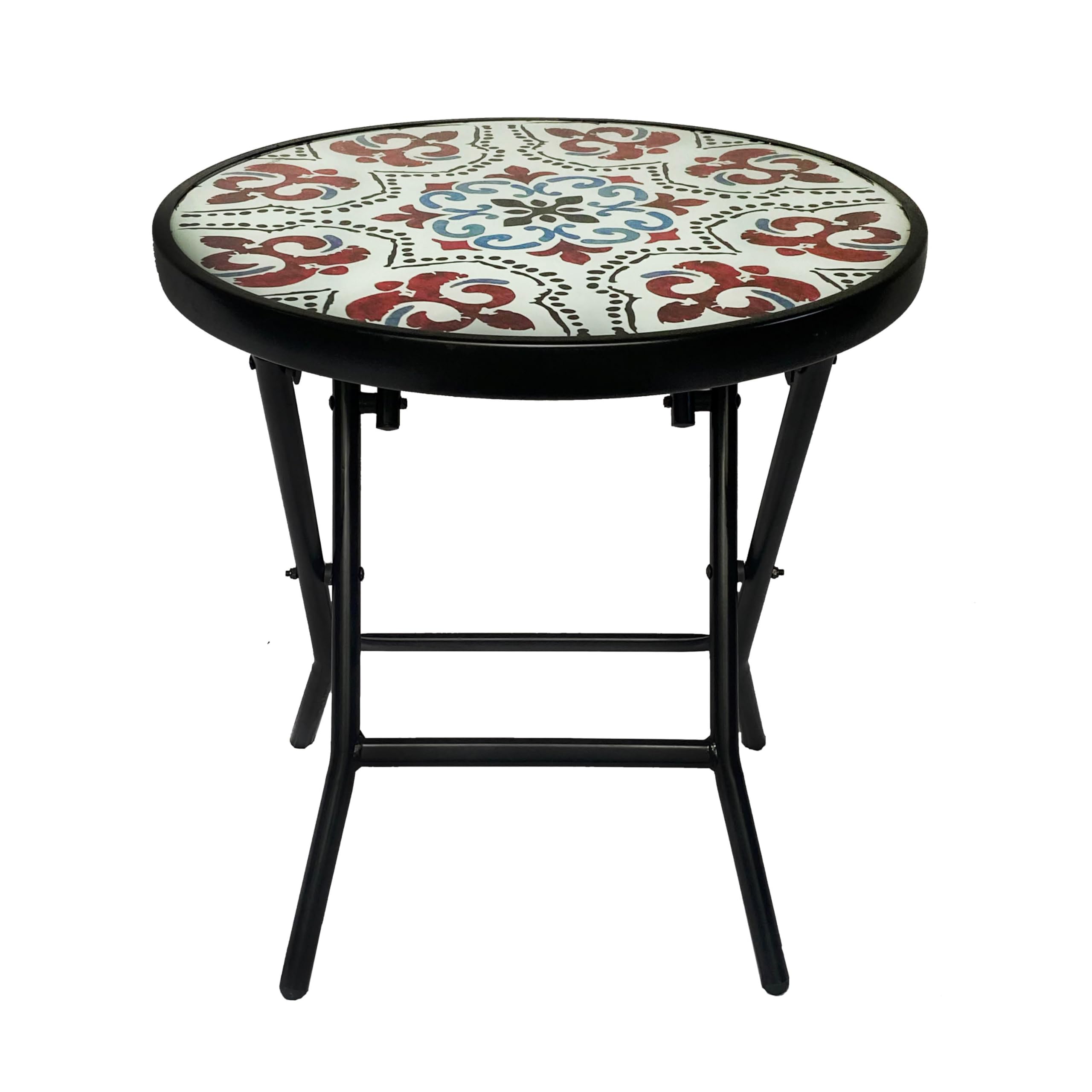 Backyard Expressions front view of folding mosaic glass side table showing colorful top and frame, stylish accent