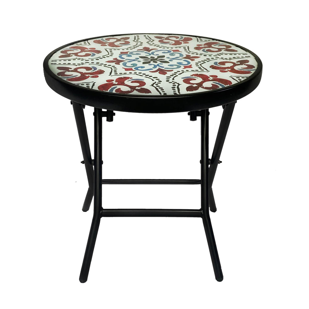 Backyard Expressions front view of folding mosaic glass side table showing colorful top and frame, stylish accent