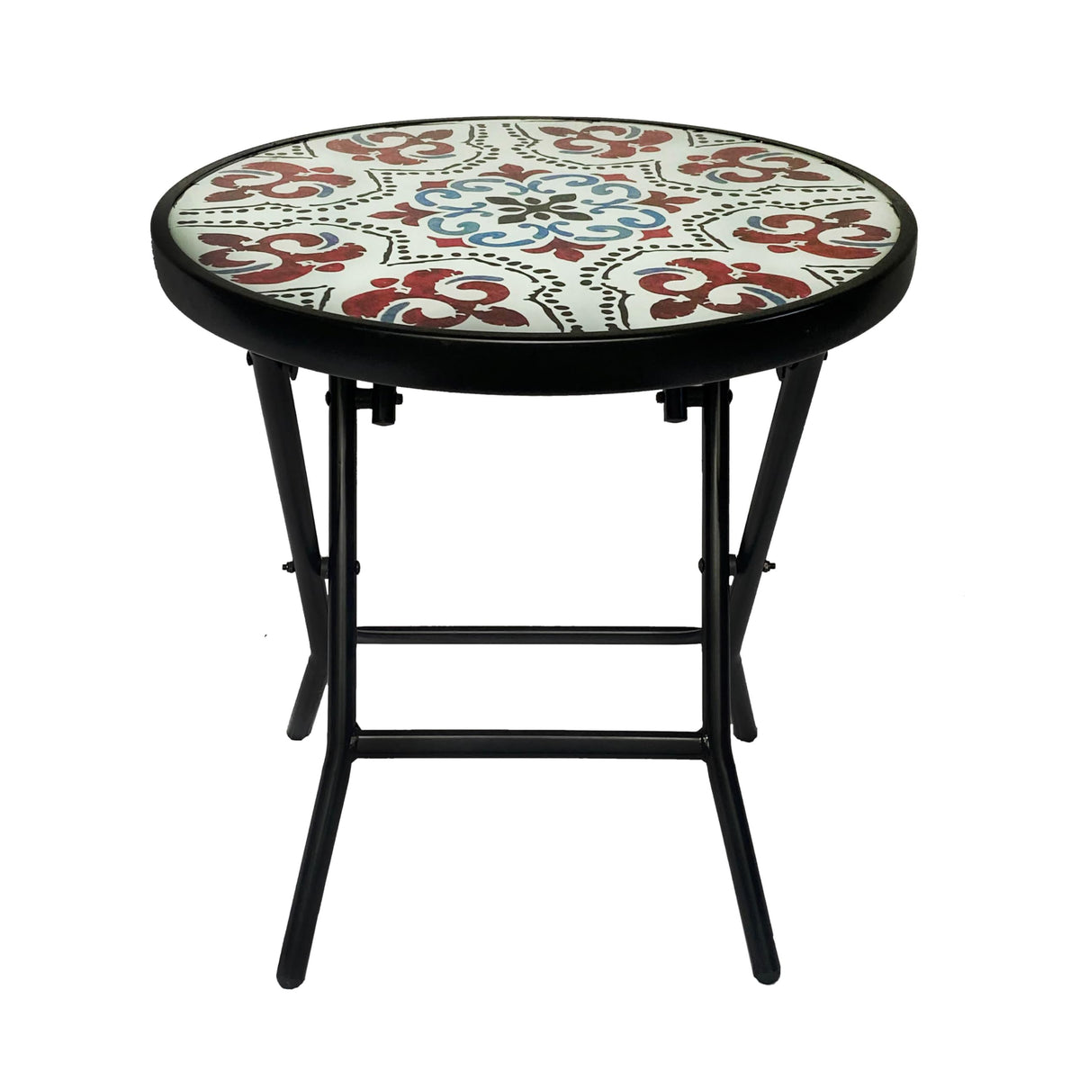 Backyard Expressions front view of folding mosaic glass side table showing colorful top and frame, stylish accent