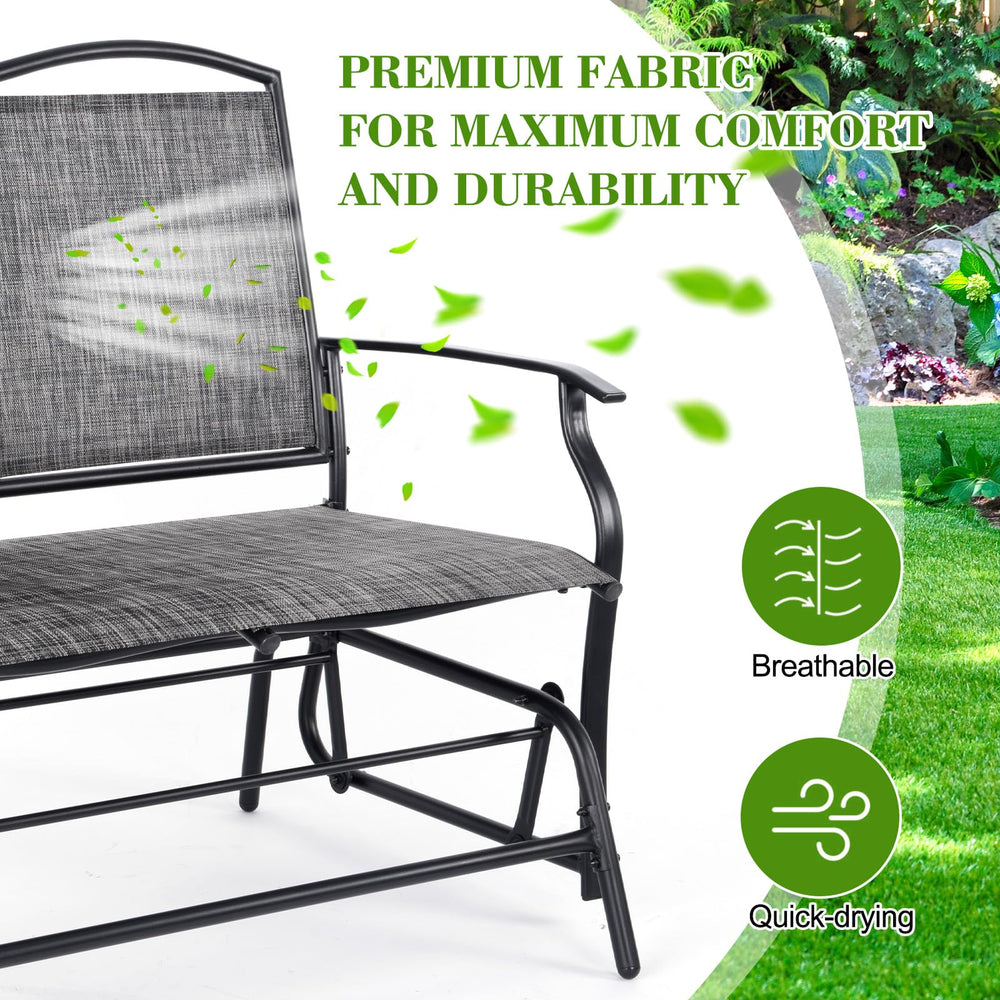 Backyard Expressions on a porch with two people relaxing, demonstrating compact outdoor comfort
