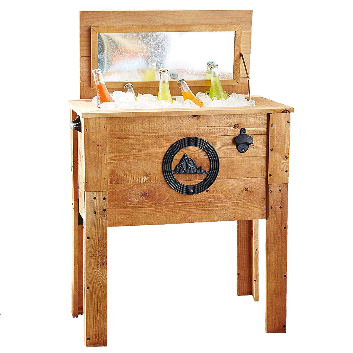 Backyard Expressions front view of cooler showing wood exterior and mountain emblem, enhances outdoor style