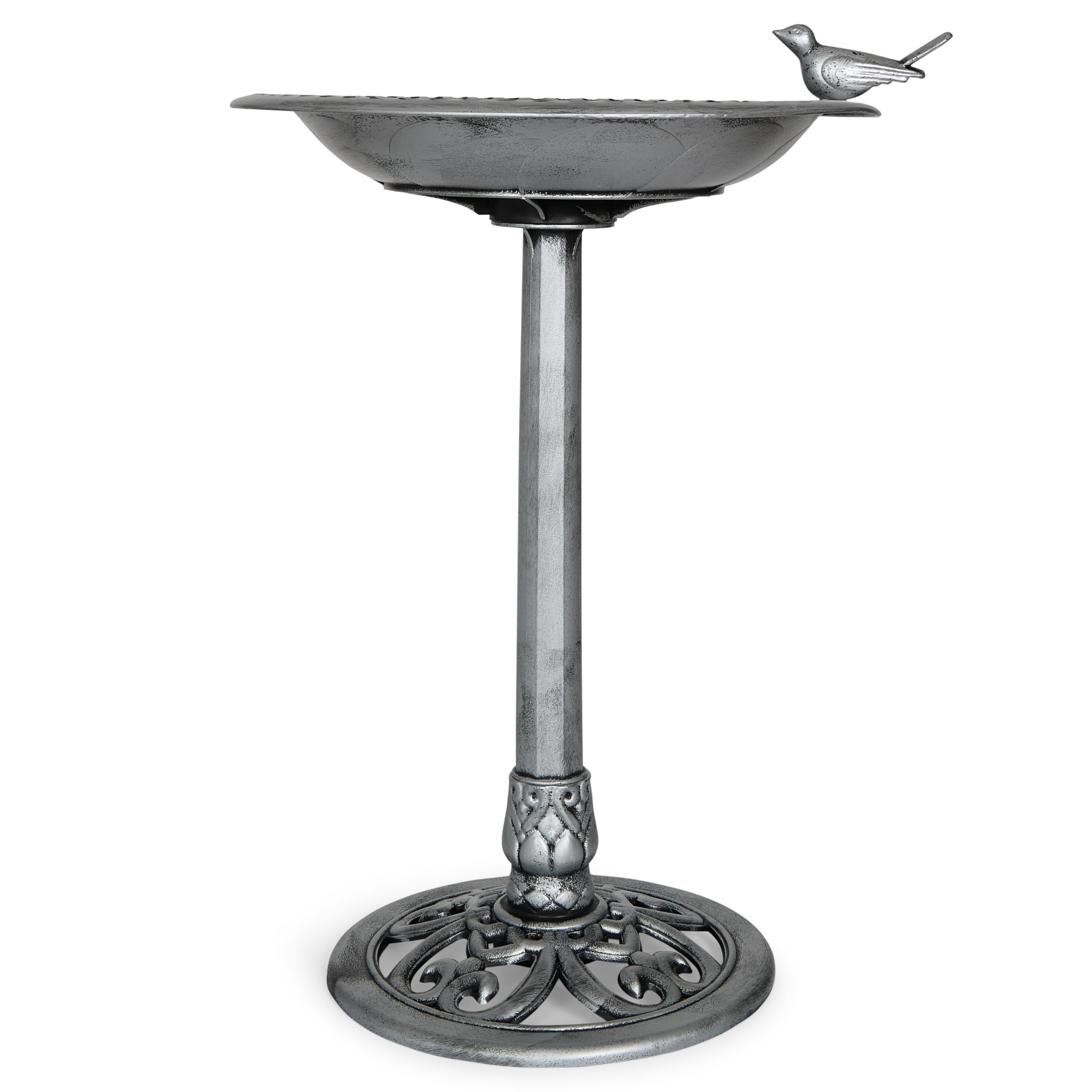 Backyard Expressions bird bath front view showing elegant silver finish and backyard appeal