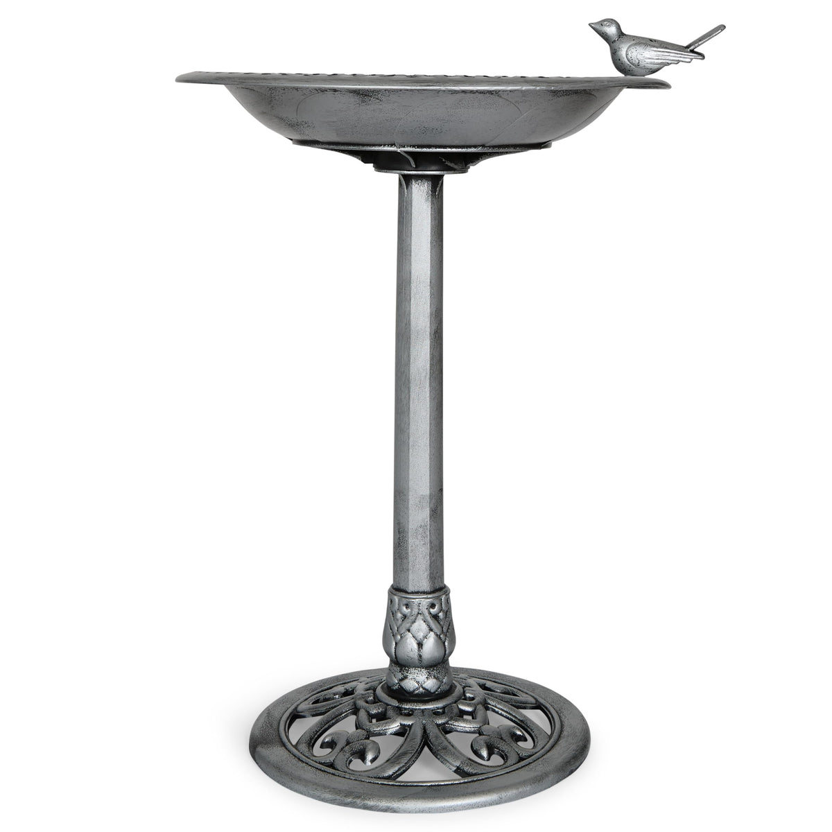 Backyard Expressions bird bath front view showing elegant silver finish and backyard appeal