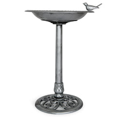 Backyard Expressions bird bath front view showing elegant silver finish and backyard appeal