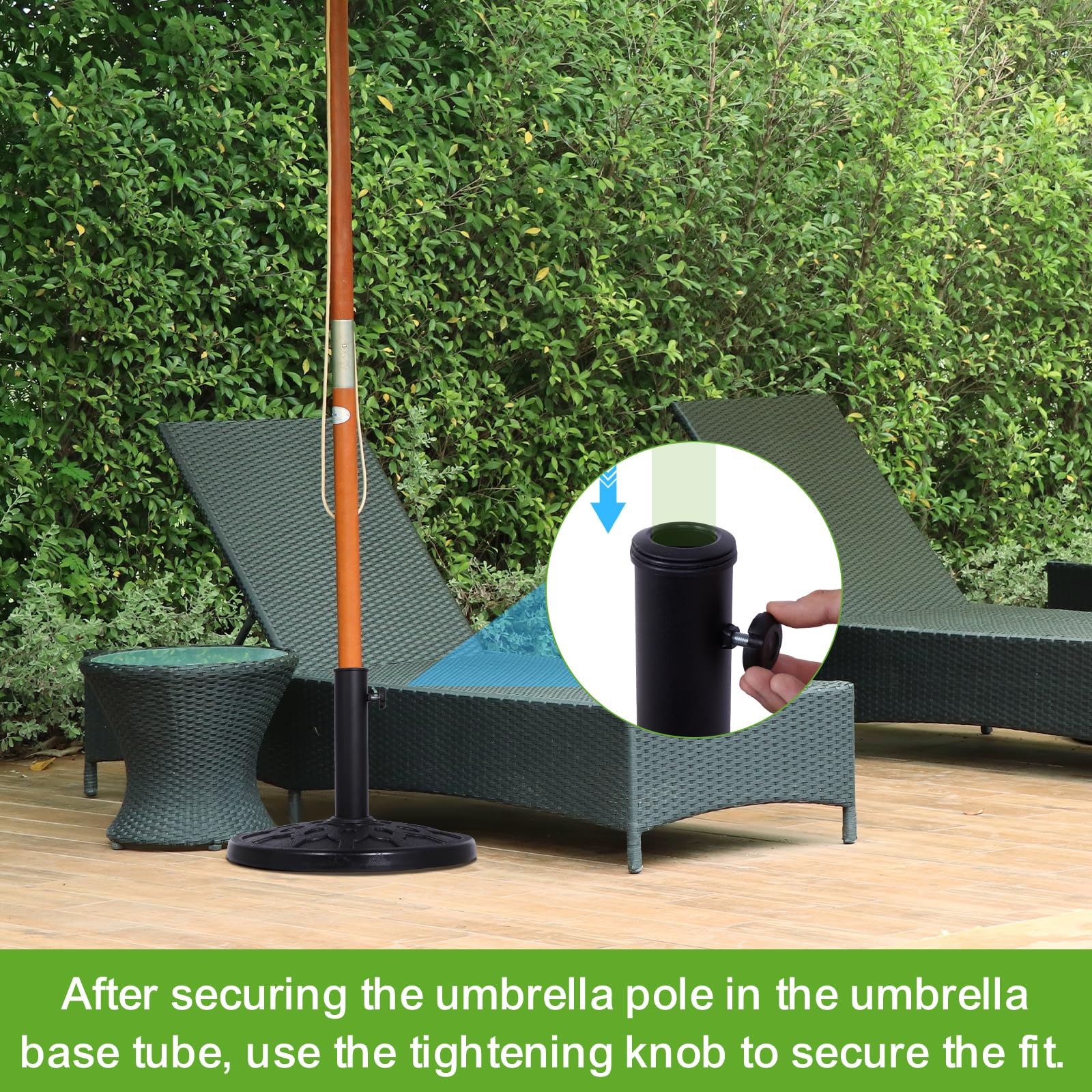 Backyard Expressions base next to patio chair showing scale and placement benefit