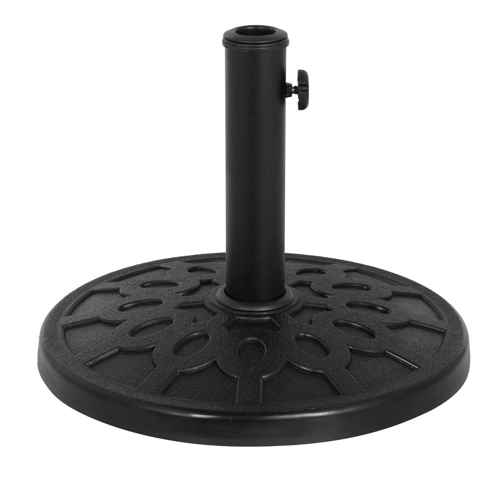 Backyard Expressions umbrella base front view showing stable design and patio appeal