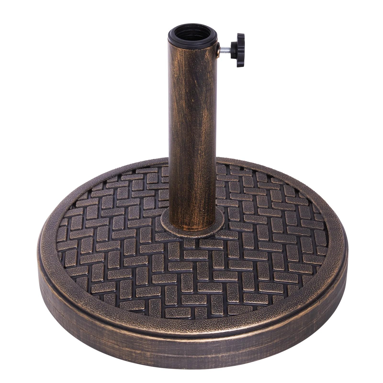 Backyard Expressions umbrella stand front view showing bronze finish and stable design