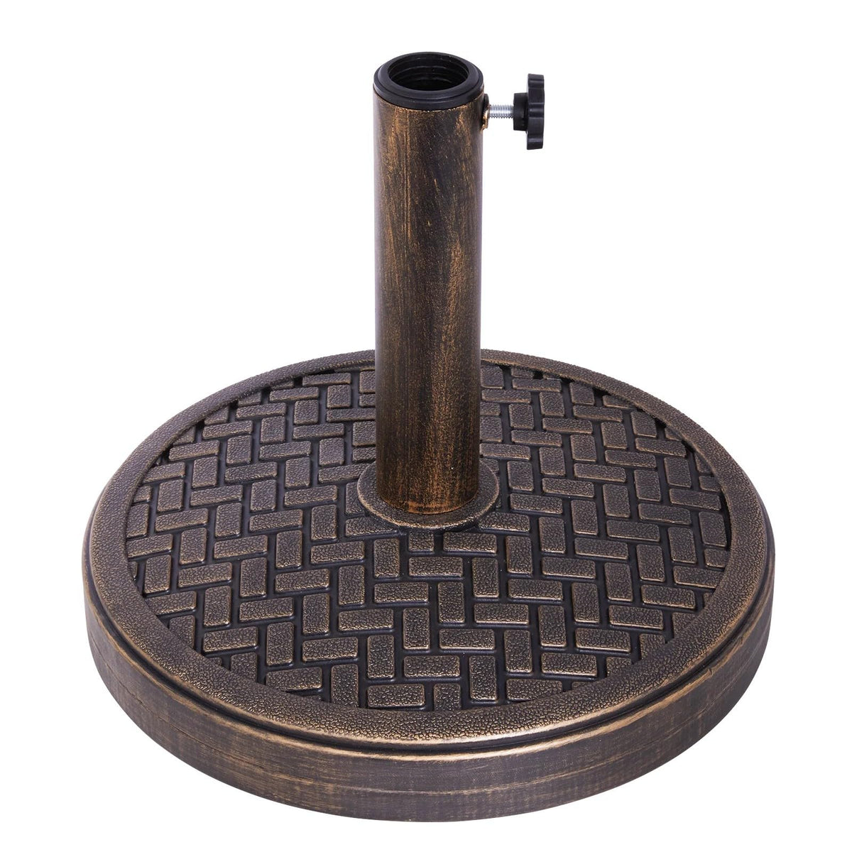 Backyard Expressions umbrella stand front view showing bronze finish and stable design