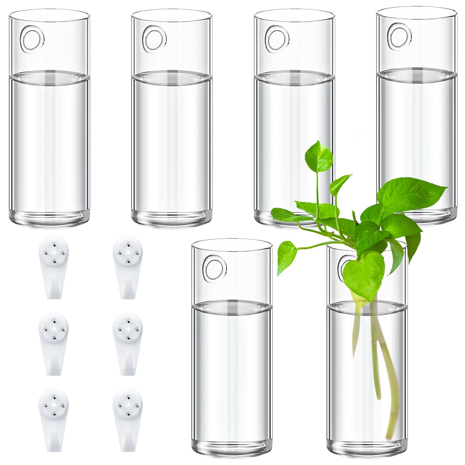 Baderke front view of six glass vases showing compact set and hooks for easy display