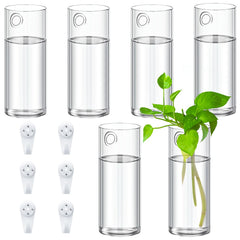 Baderke front view of six glass vases showing compact set and hooks for easy display