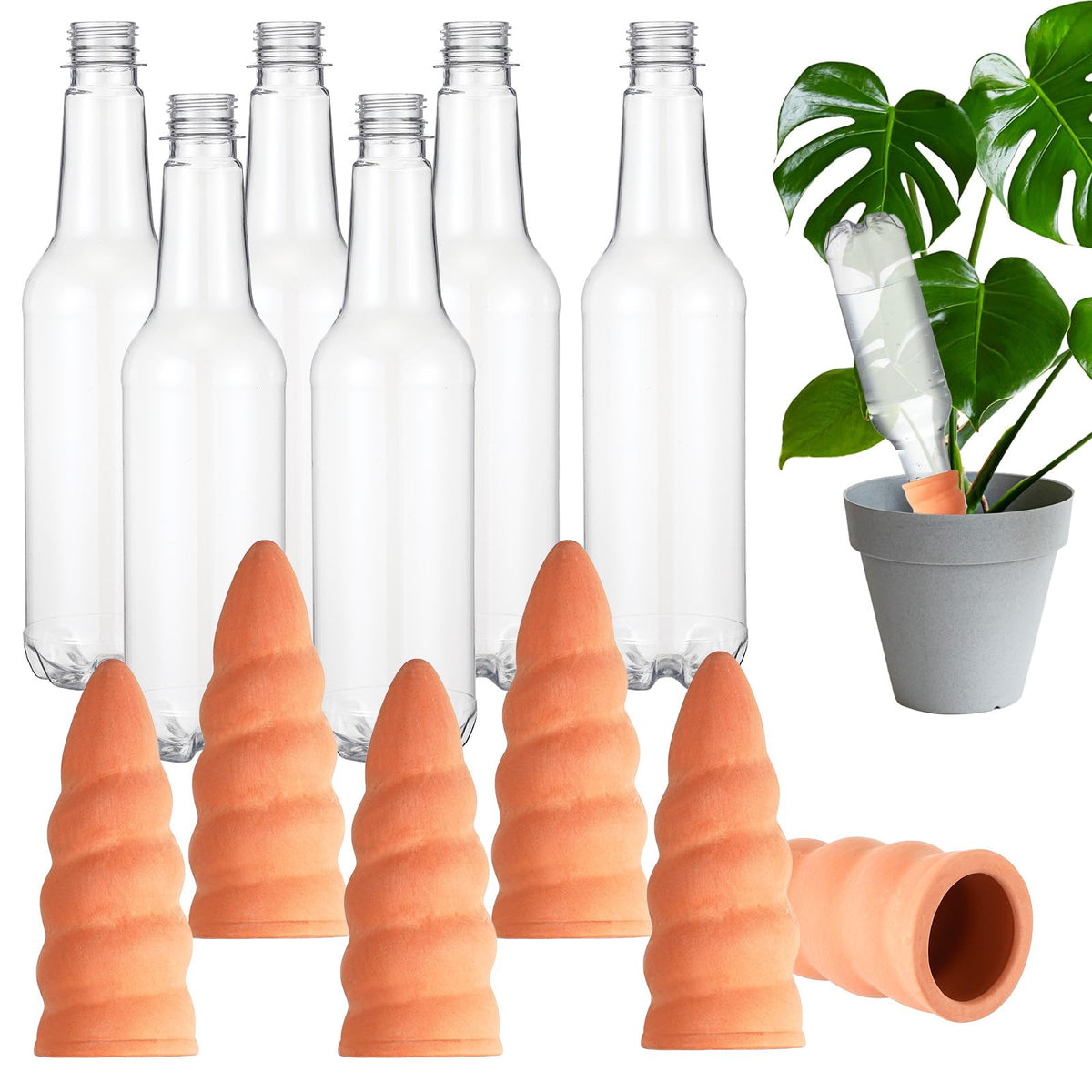 Baderke front packaging showing six spike and bottle set for easy watering