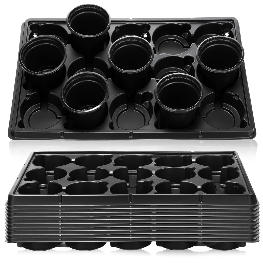 Baderke front view of 12-pack trays showing organized 15-cell layout and benefit of group planting
