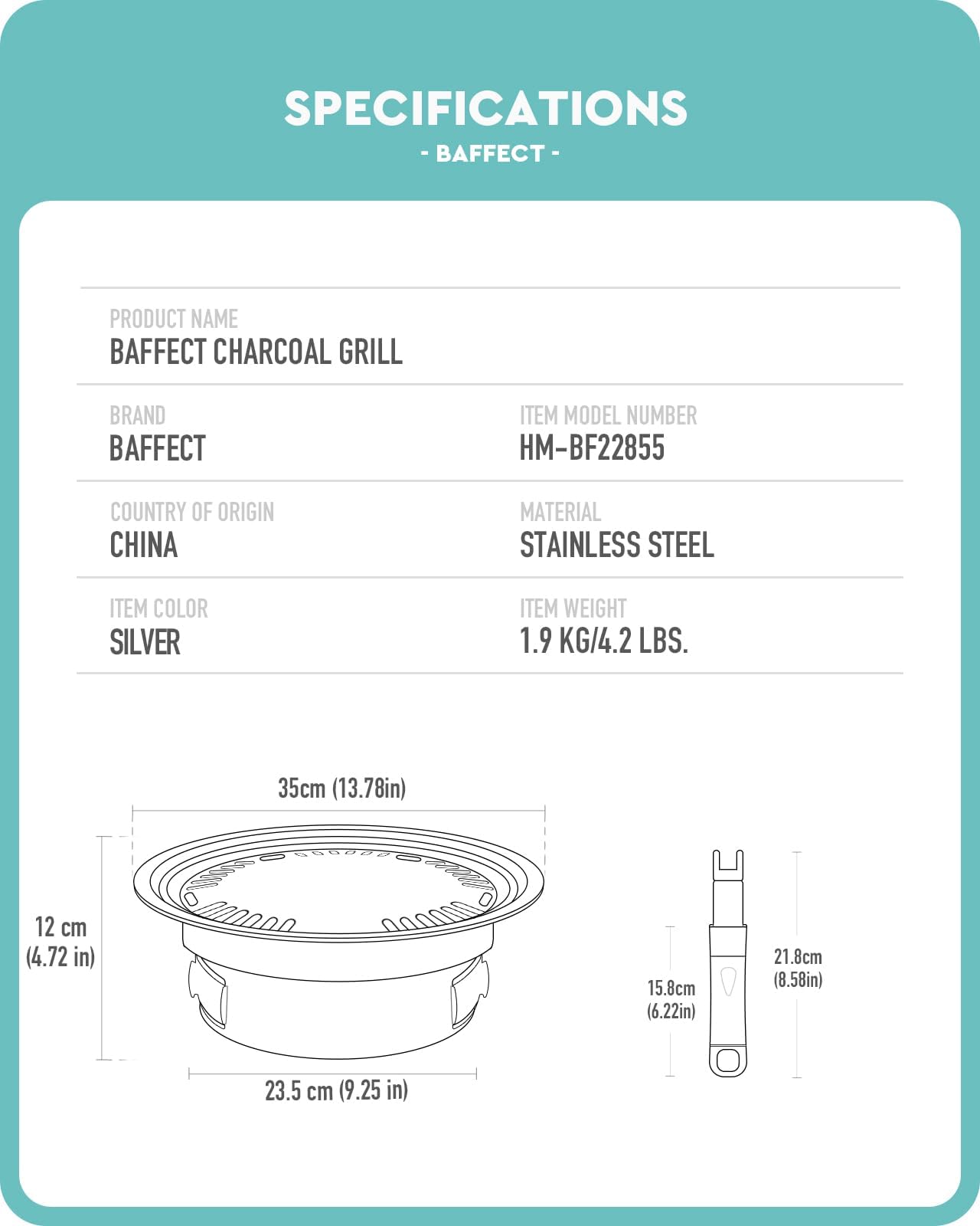 Baffect brand label and stainless steel finish showing durable material benefit
