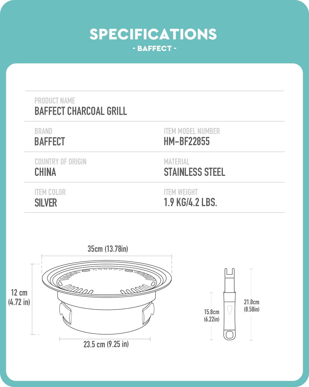 Baffect brand label and stainless steel finish showing durable material benefit