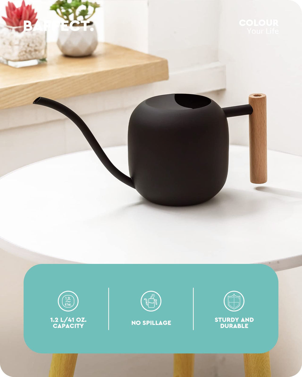 Baffect long spout close-up showing precise pour control benefit