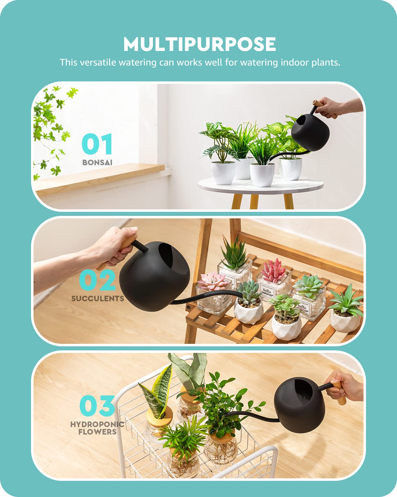 Baffect watering can next to pot for scale showing compact capacity benefit