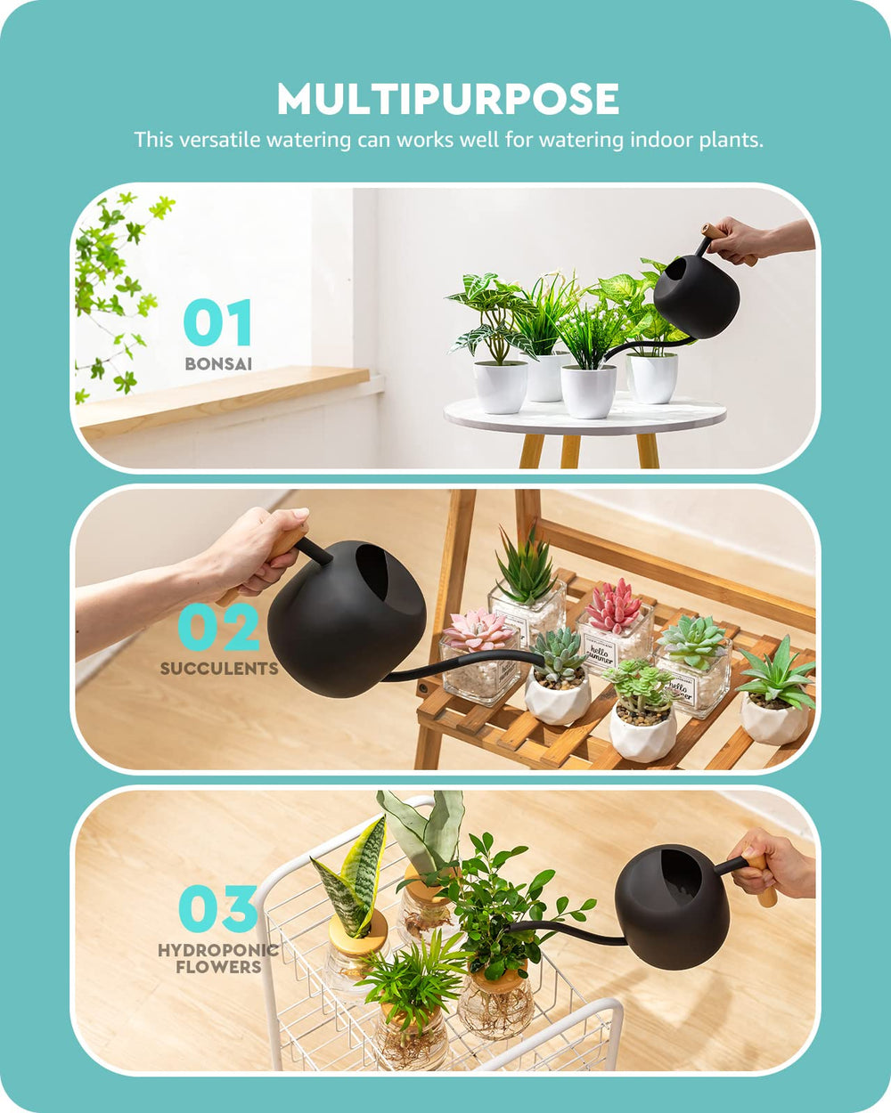 Baffect watering can next to pot for scale showing compact capacity benefit