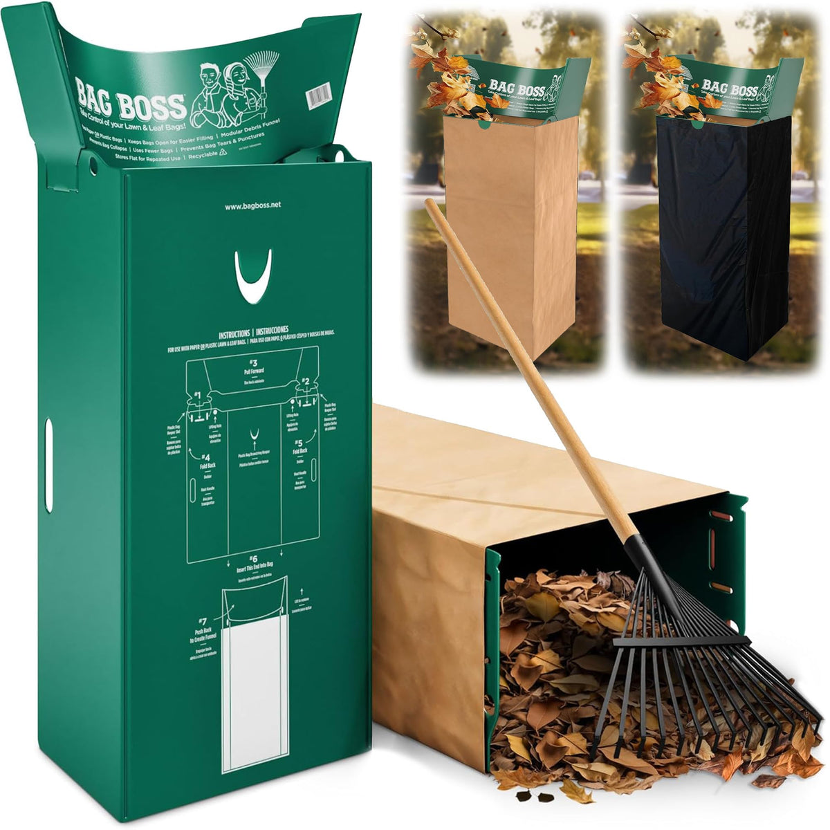 Bag Boss front view showing stable funnel and handles for quick yard filling