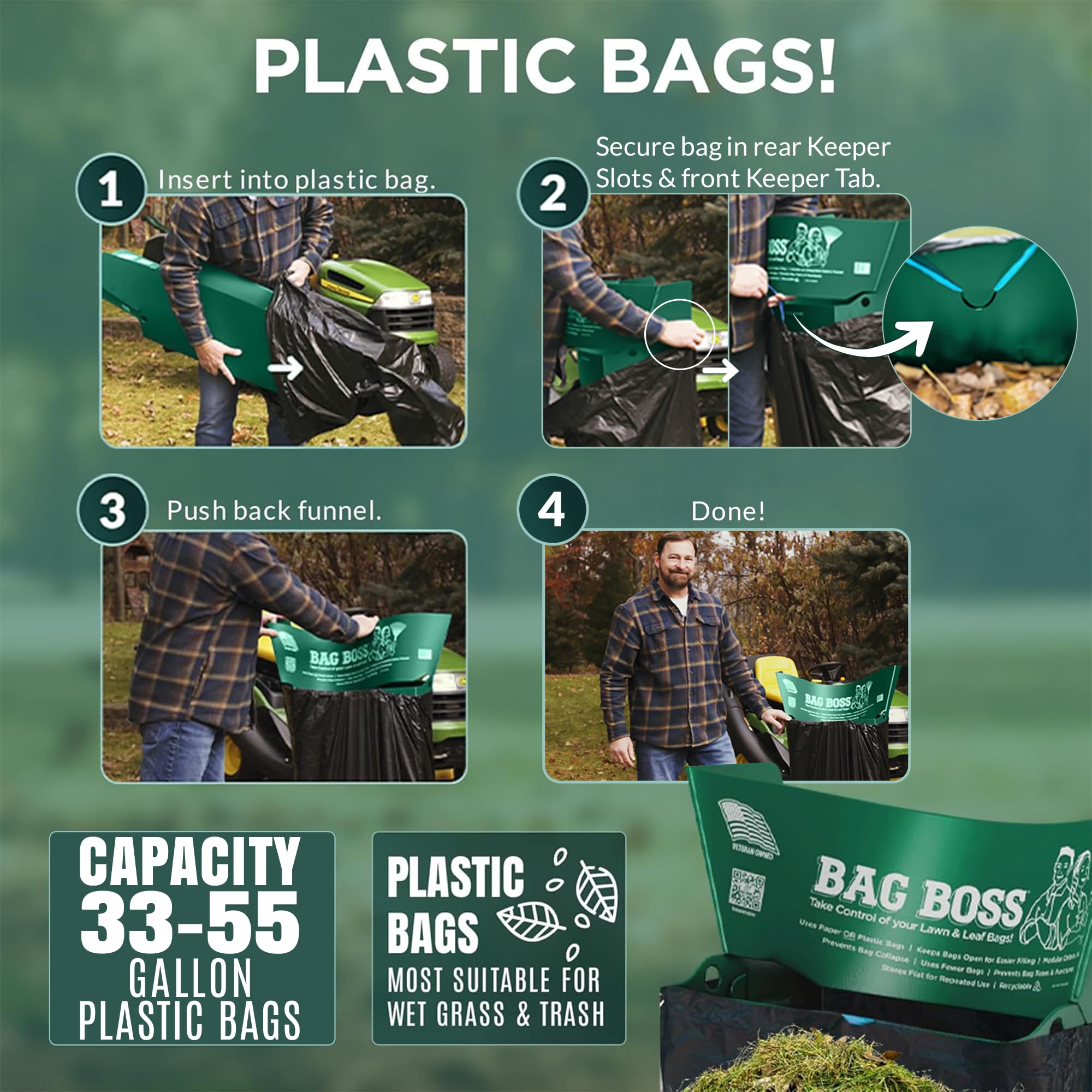 Bag Boss label and keeper tab detail illustrating where plastic bags attach